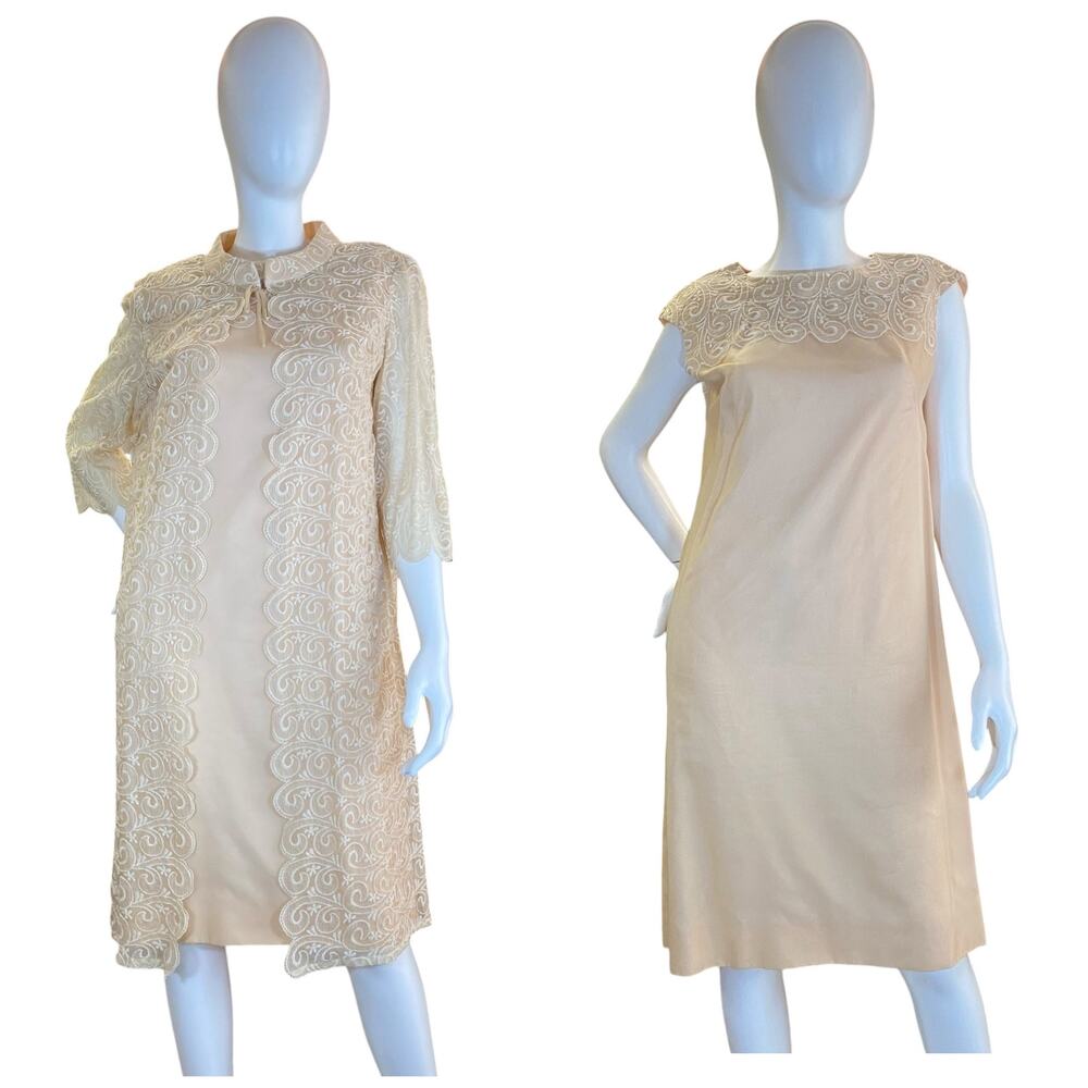Vintage 1960s Cream Embroidered Dress Set Sheer Chiffon Coat Two Piece